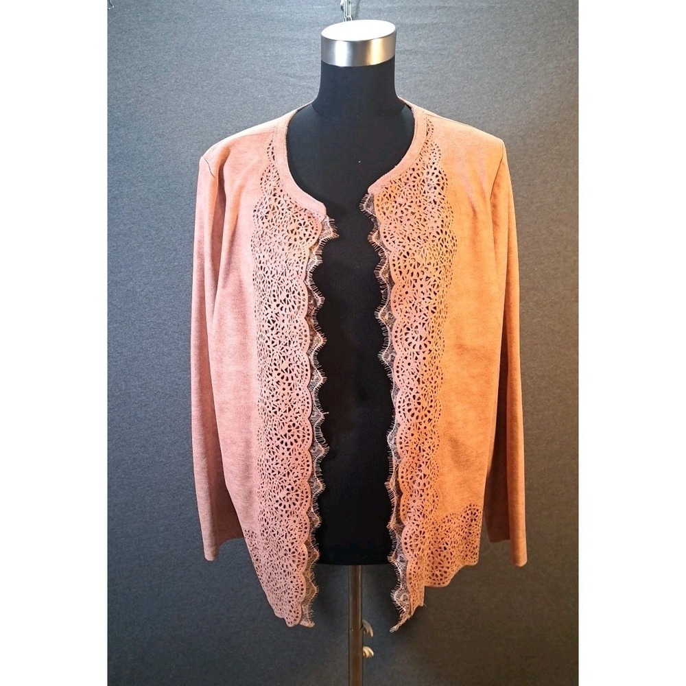 Chicos Faux Suede Laser Cut Lace Trim Open Front Cardigan‎ Jacket Pink Size 2 L